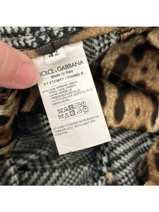 DOLCE & GABBANA Flared Glen Plaid Pants Wool Houndstooth Wide Leg Pants Logo D&G
